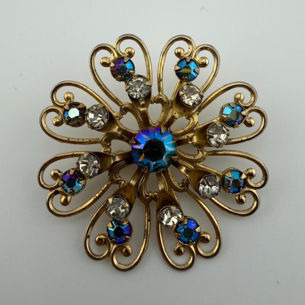 Floral Sun Burst Gold Tone AB Rhinestone Vintage Brooch Pin